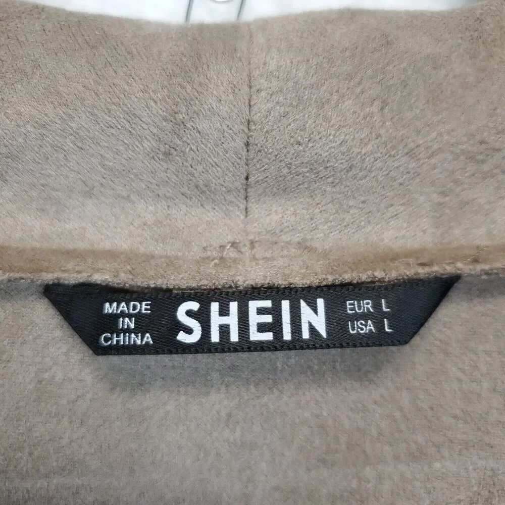 Shein Drape Neck Inside Out Blazer Top Women L Long Sleeves Front Zip Taupe - Picture 11 of 13